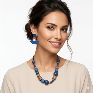 Boho Geometric Wood Bead Statement Necklace & Earring Set Blue Brown Artisan 3pc